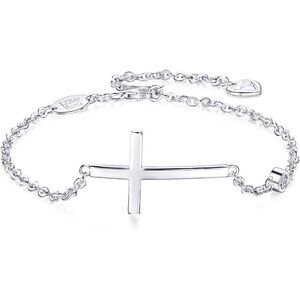 925 Sterling Silver Cross & CZ Faith Bracelet for Women 15 Inch Adjustable